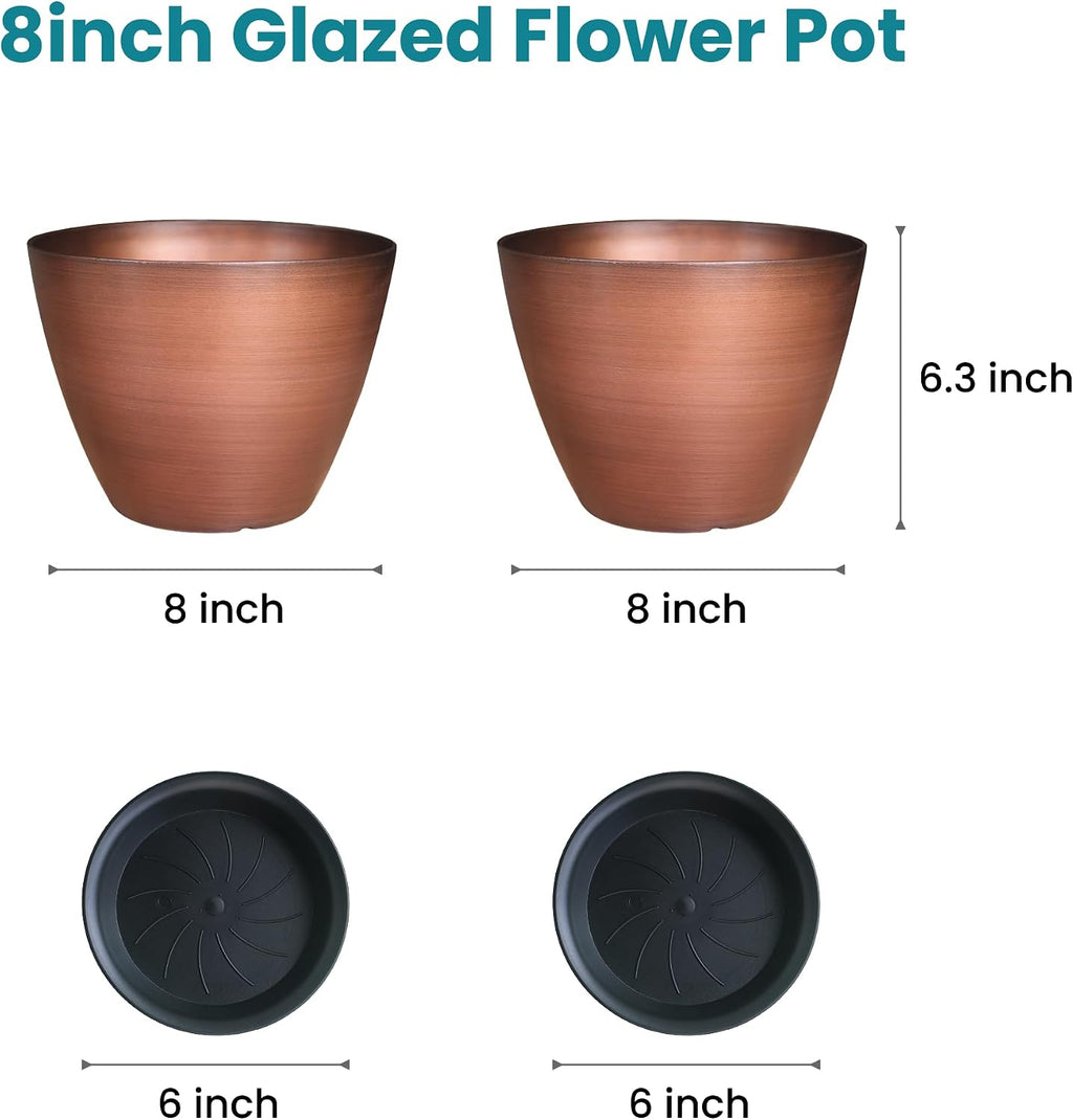Vanslogreen 2 Pack Plastic Plant Pots with Drainage Holes, 8 inch Planter for Indoor Outdoor Plant, Garden Flower Pots for Aloe, Herbs, Cactus (Brushed Copper, 2pcs)