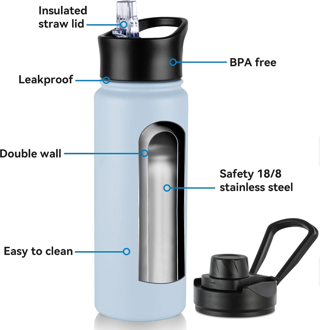 24oz Insulated Water Bottle with Straw Lid, Stainless Steel Metal Water Bottle with Straw & Wide Mouth Lid, Double Wall Vacuum Water Bottle for Hiking Camping, Light Blue 8 Pack