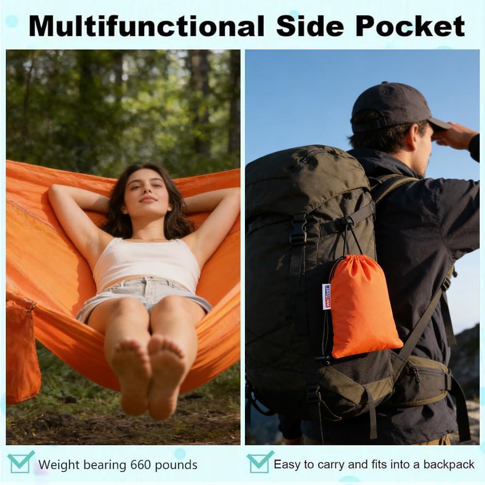 Camping Hammock, Portable Hammocks with Tree Straps & Attached Carry Bag, Travel Tree Hammocks for Outside Indoor Hiking Beach Backpack Travel(Orange, Polyester Pongee)