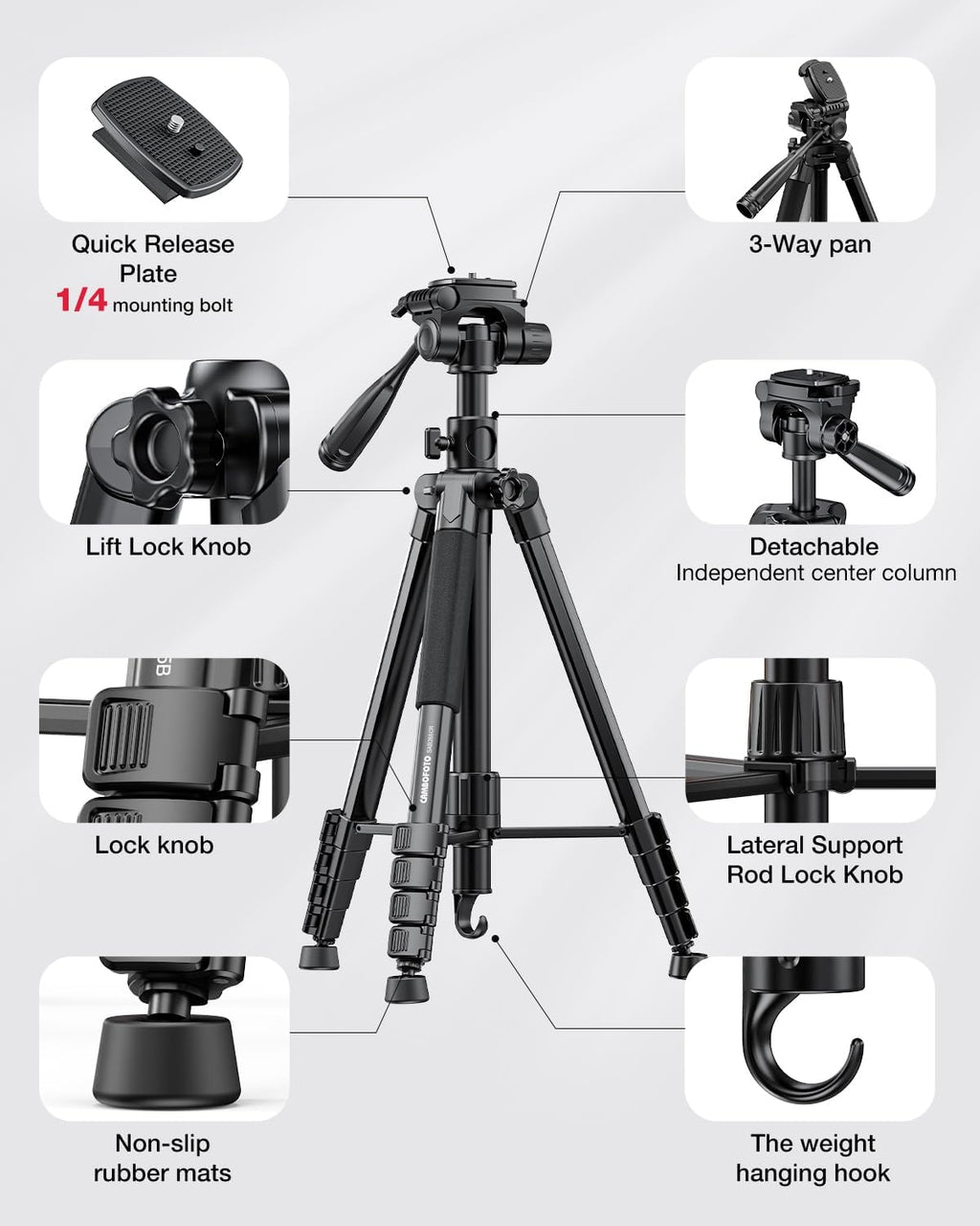 CAMBOFOTO 73" Camera Tripod and Monopod with Horizontal Central Axis