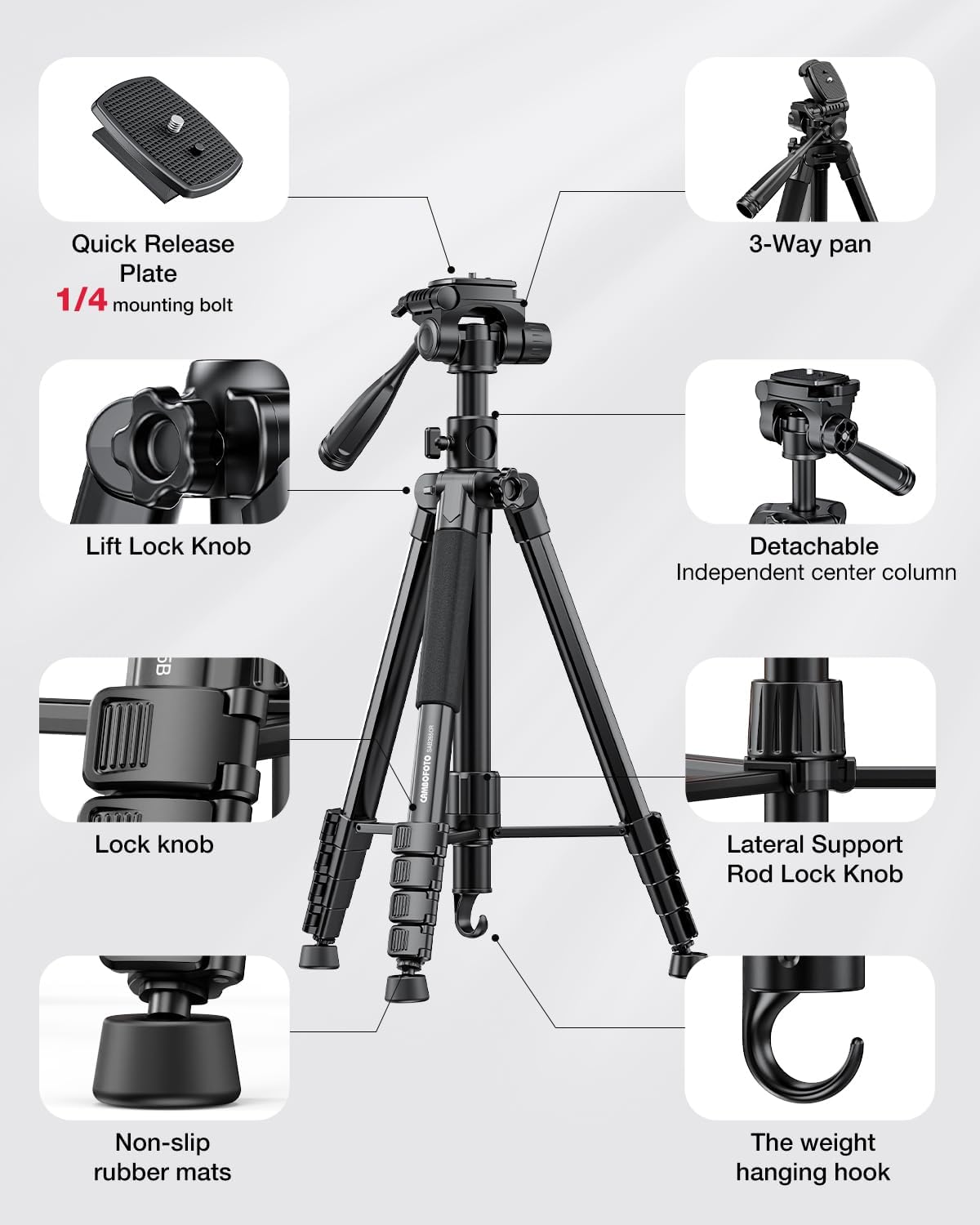 CAMBOFOTO 73" Camera Tripod and Monopod with Horizontal Central Axis