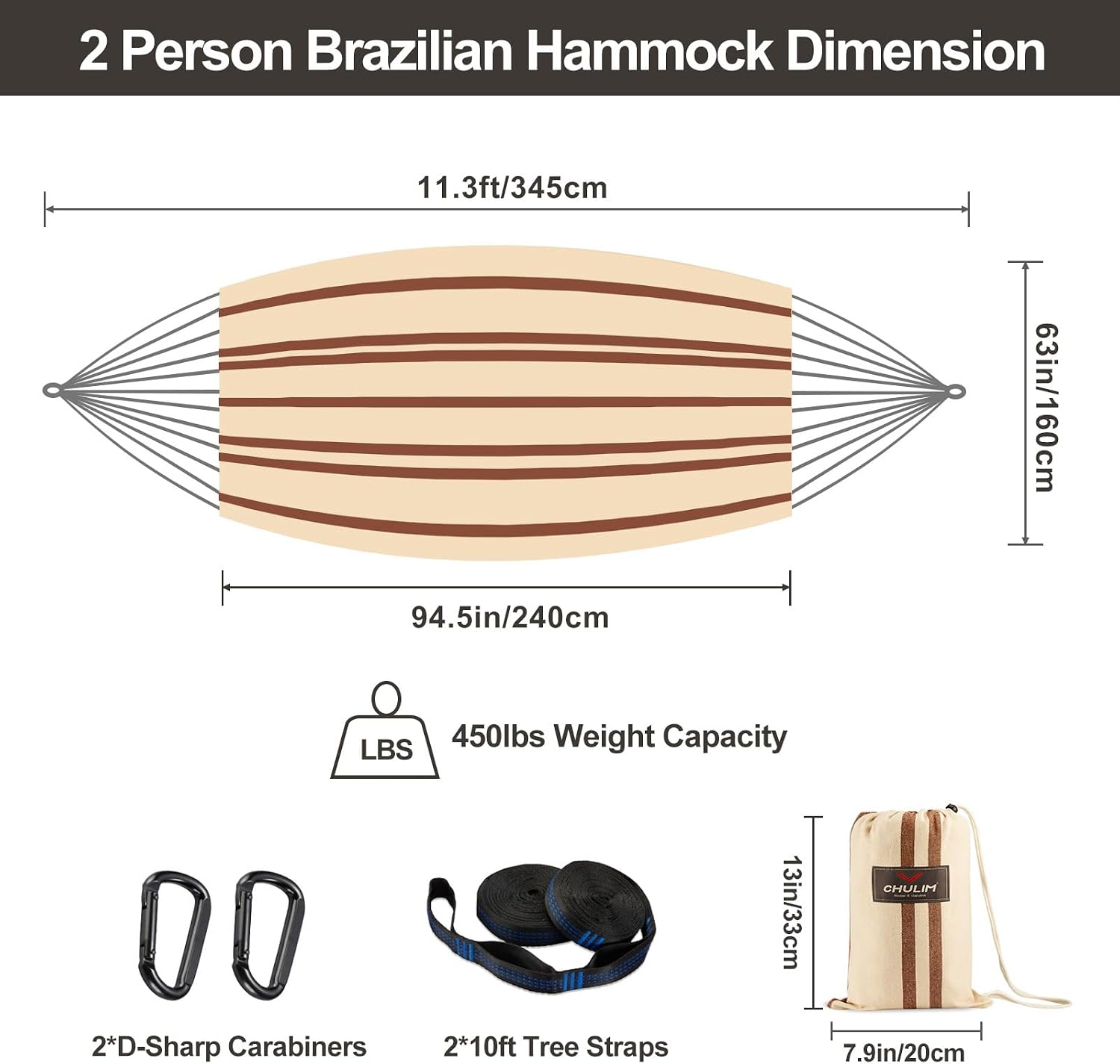 Brazilian Double Hammock with Tree Straps, Extra Large, 450 lbs Capacity