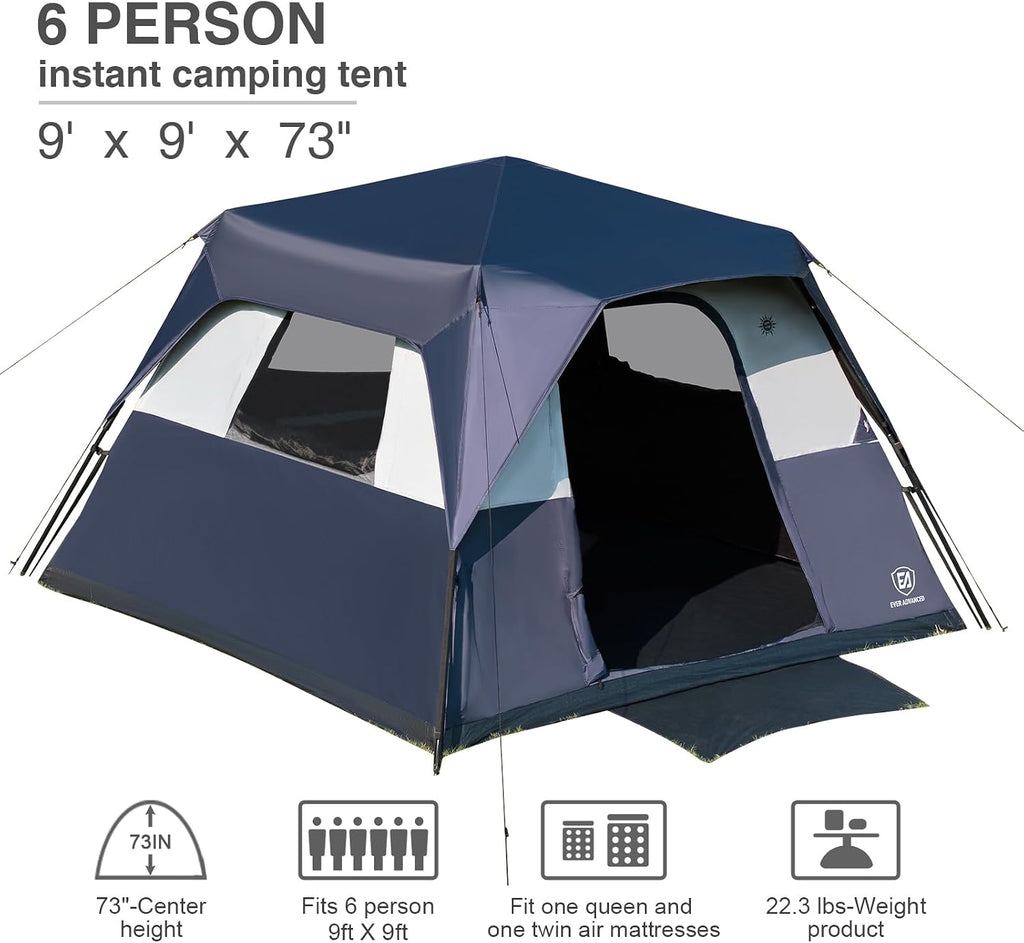 EVER ADVANCED 6 Person Camping Tent, Blackout Design Tent for Camping Instant Cabin Tents for Family with Rainfly, 60s Easy Setup, Water-Resistant