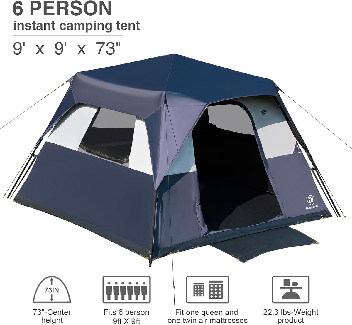 EVER ADVANCED 6 Person Camping Tent, Blackout Design Tent for Camping Instant Cabin Tents for Family with Rainfly, 60s Easy Setup, Water-Resistant