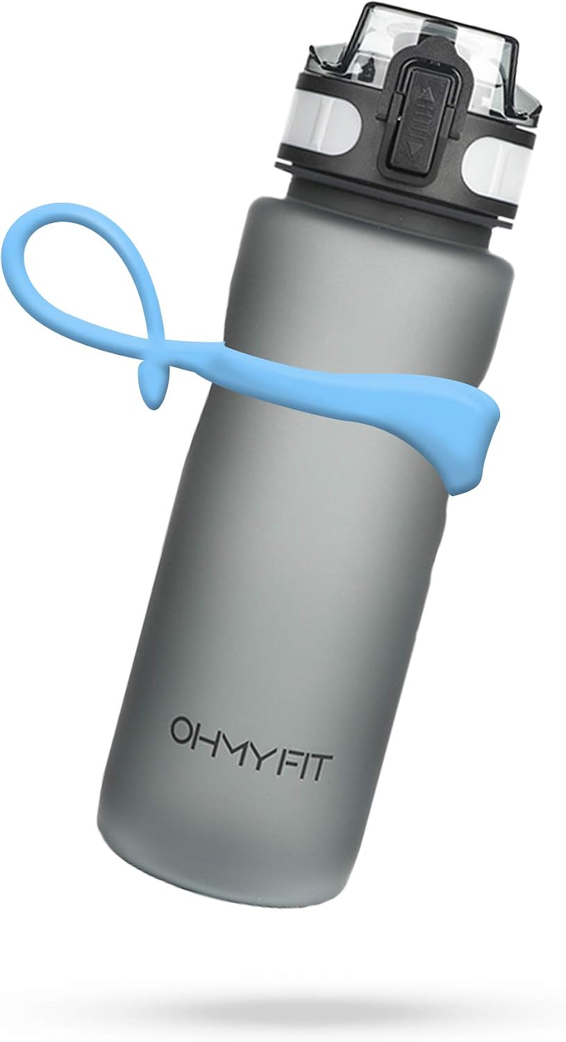 Tritan Sports Water Bottle with Magnetic Silicone Carry Strap & One Click Open Cap - Magnetic Drink Holder for Metal Equipment - Bottle w/Straps for Backpack, Belt & More (18oz, Sky Blue)