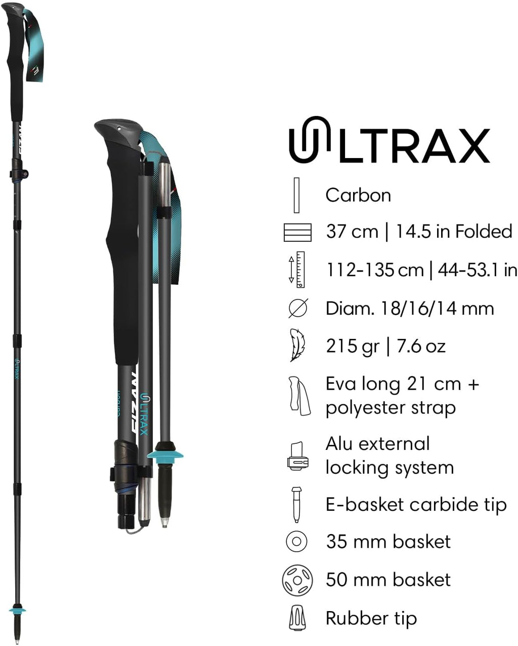 Fizan Ultrax Trekking Poles – Ultralight, Backpacking, Bikepacking, Hiking Trails, Collapsible to 14.5 in, Aluminum or Carbon Fiber