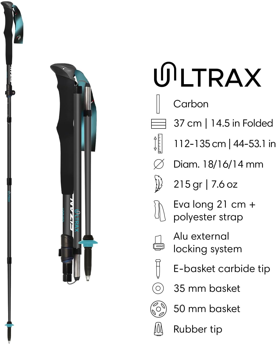 Fizan Ultrax Trekking Poles – Ultralight, Backpacking, Bikepacking, Hiking Trails, Collapsible to 14.5 in, Aluminum or Carbon Fiber
