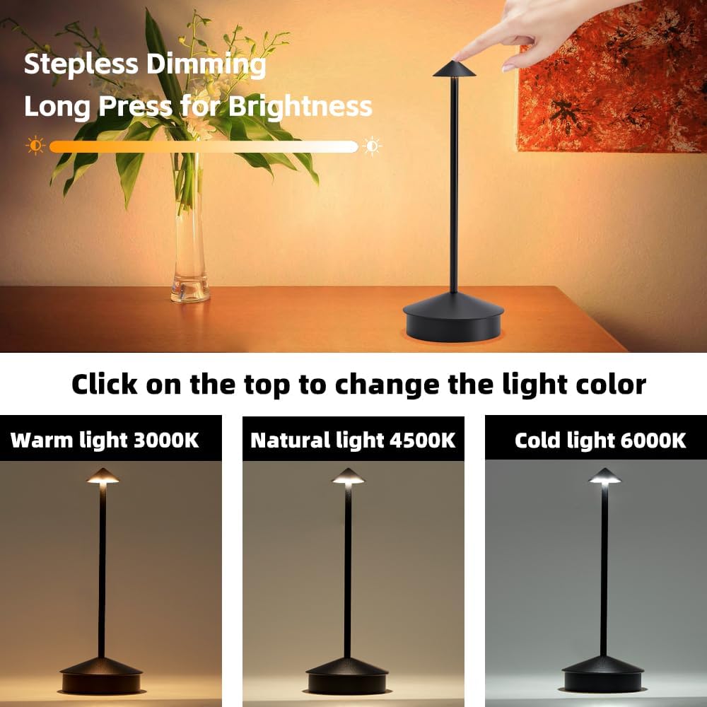 2 Pack Aluminum Cordless Table Lamp, 6000mAh Rechargeable Table Lamps, Portable Touch LED Lamp, Outdoor Waterproof Dimmable Cordless Rechargeable Table Lamps for Restaurant/Patio- Black (Black)