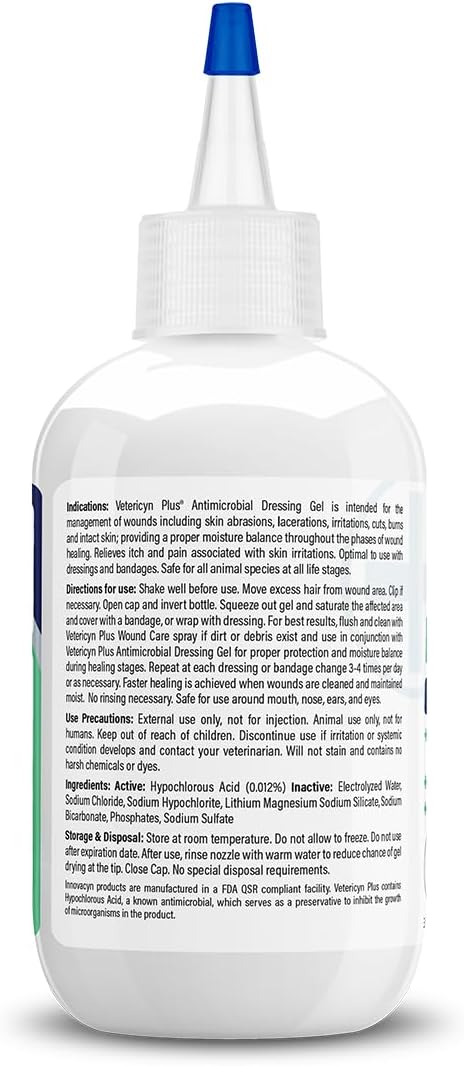 Vetericyn Plus Wound Dressing Gel for Animals| Thick Barrier Wound Care for Cats, Dogs, Horses, and Small Animals, Works on Wounds and Skin Irritations. 3 Ounces