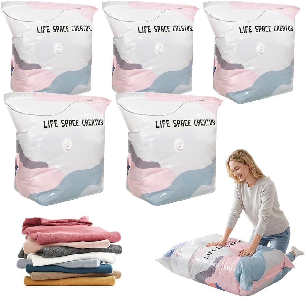 No-Pump Vacuum Storage Bags 2026 Cube Compression Space Saver Bags - Upgrade Large Storage Compression Bags No-Pump 3D Vacuum Storage Bags for Clothes, Comforters, Blankets (19 * 27in-5ps)