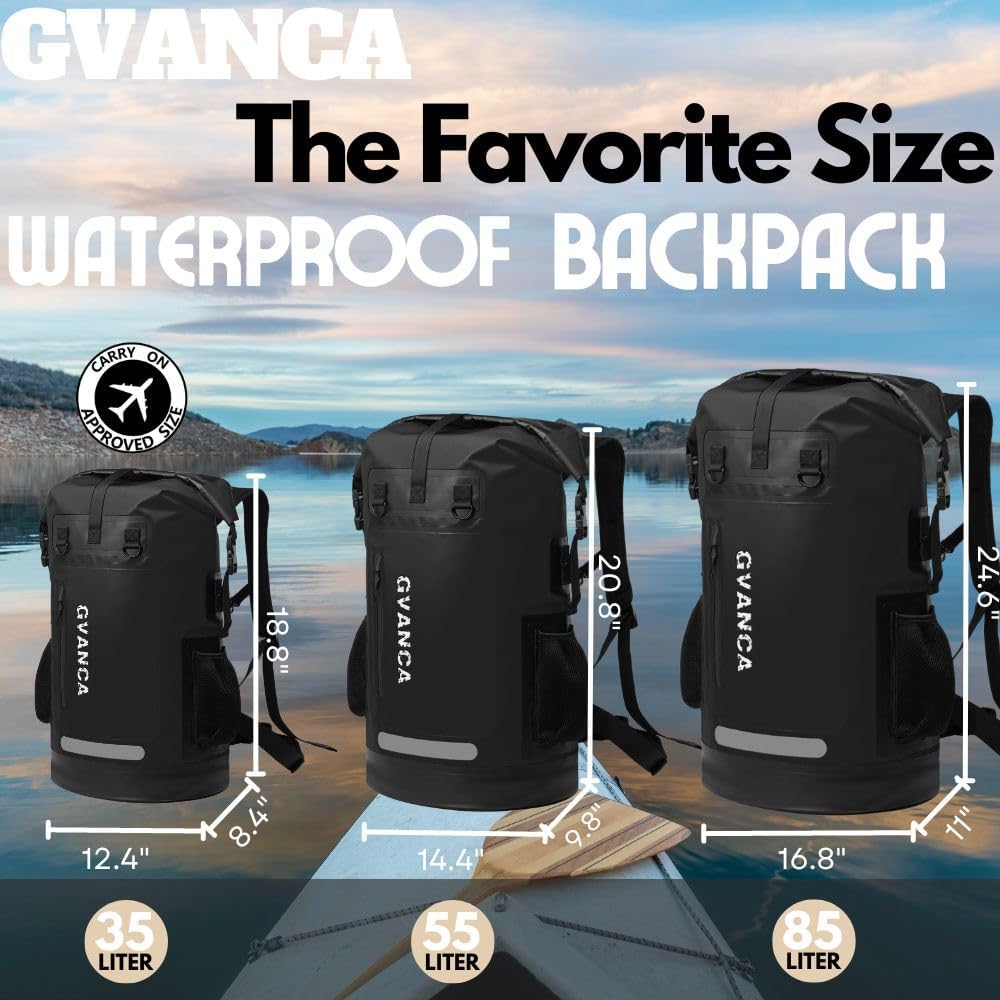 Waterproof Roll Top Kayak Dry Backpack, Floating Outdoor Dry Sack Boating Sailing Canoeing Rafting Fishing Camping 55L Black