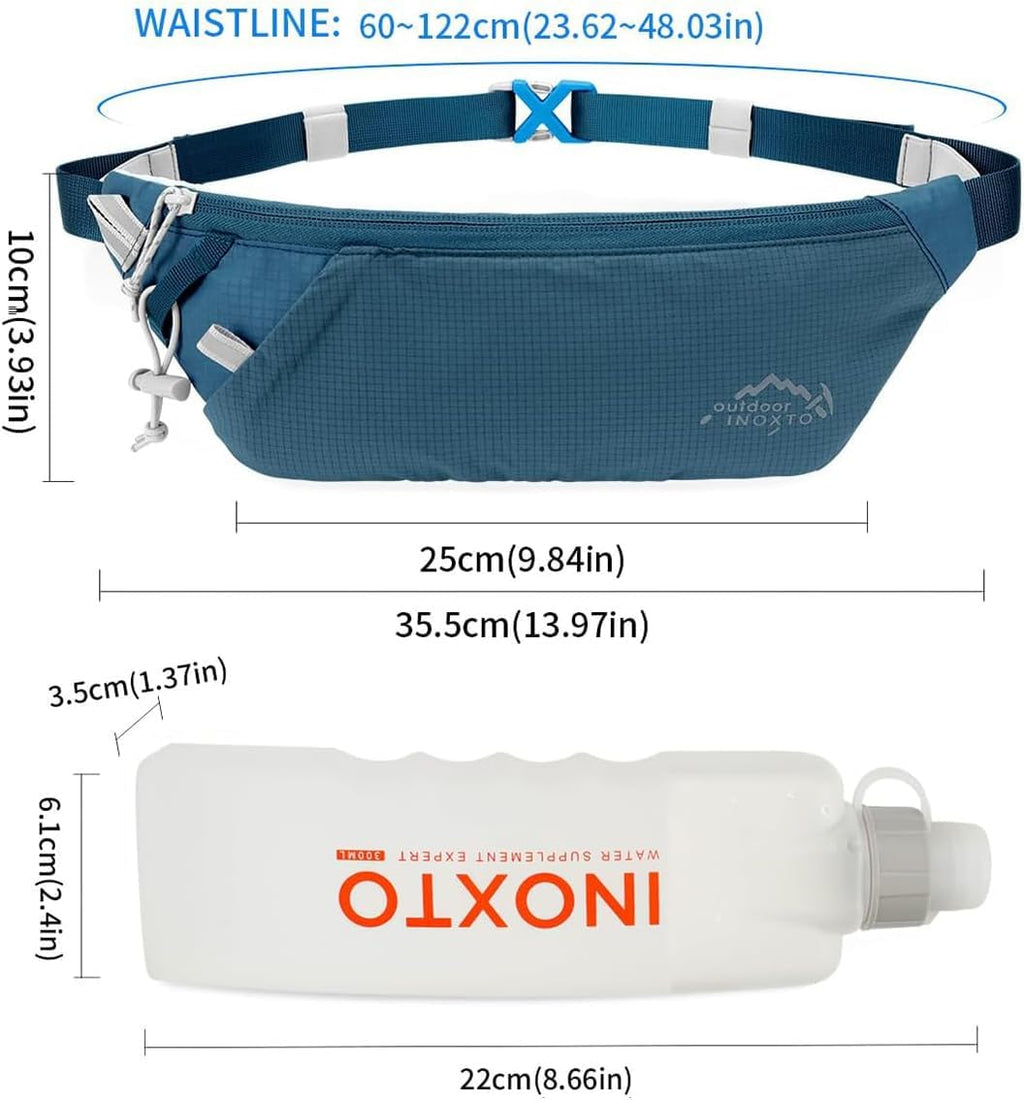 INOXTO Slim Running Belt Fanny Pack for Women and Men Sports Waist Bag Pack with 300ml Water Bottle for Running Walking Cycling Hiking Reflective Running Pouch Belt for All Phones (Black) (Dack Blue)