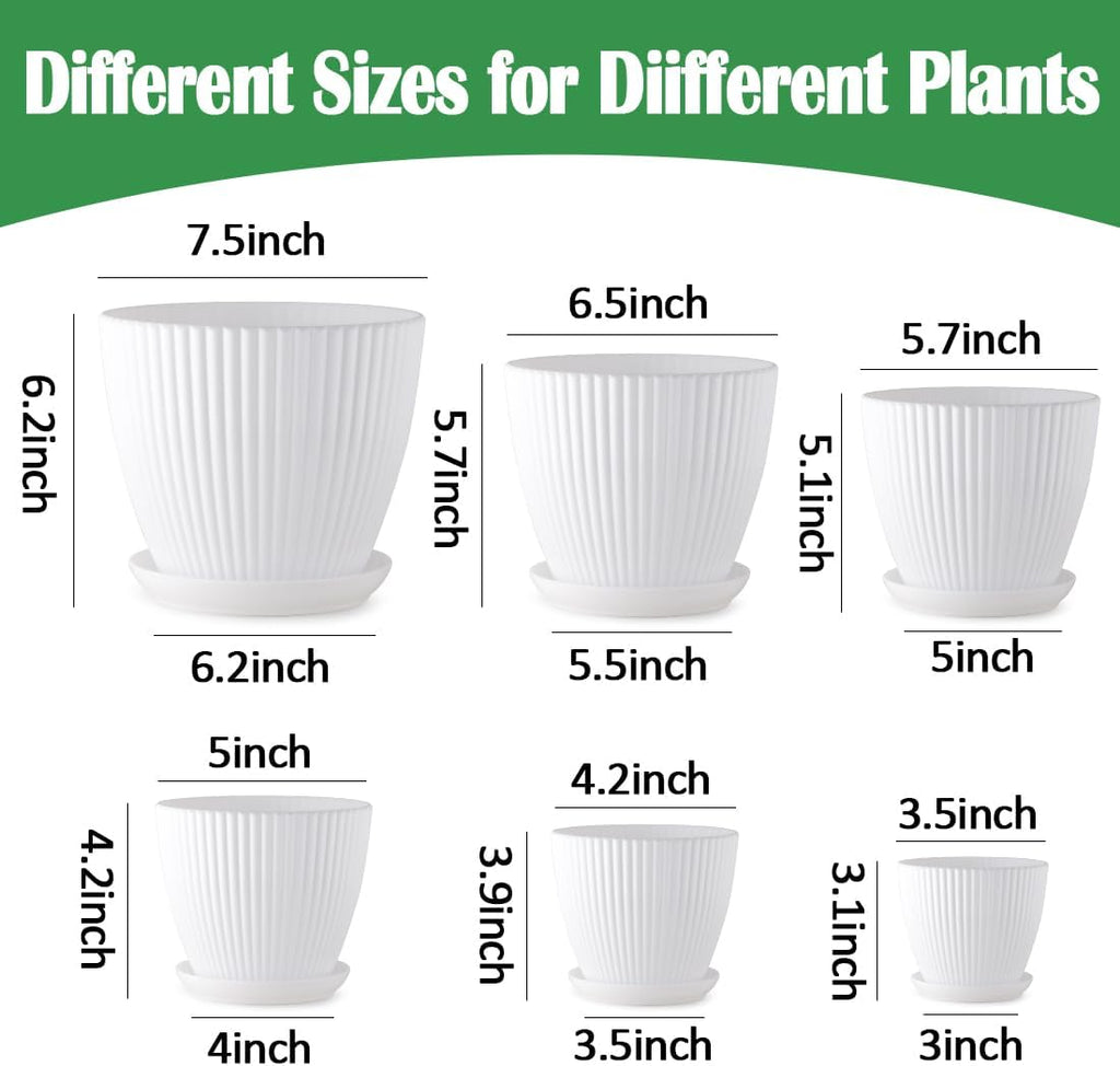 RooTrimmer Multi Size Plastic Plant Pots 6 Pack, Drain Holes, Saucers,White