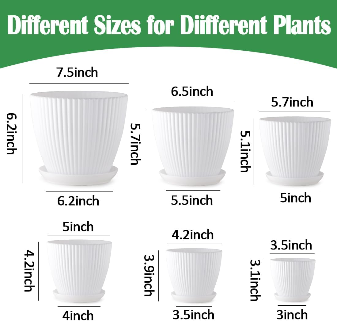 RooTrimmer Multi Size Plastic Plant Pots 6 Pack, Drain Holes, Saucers,White