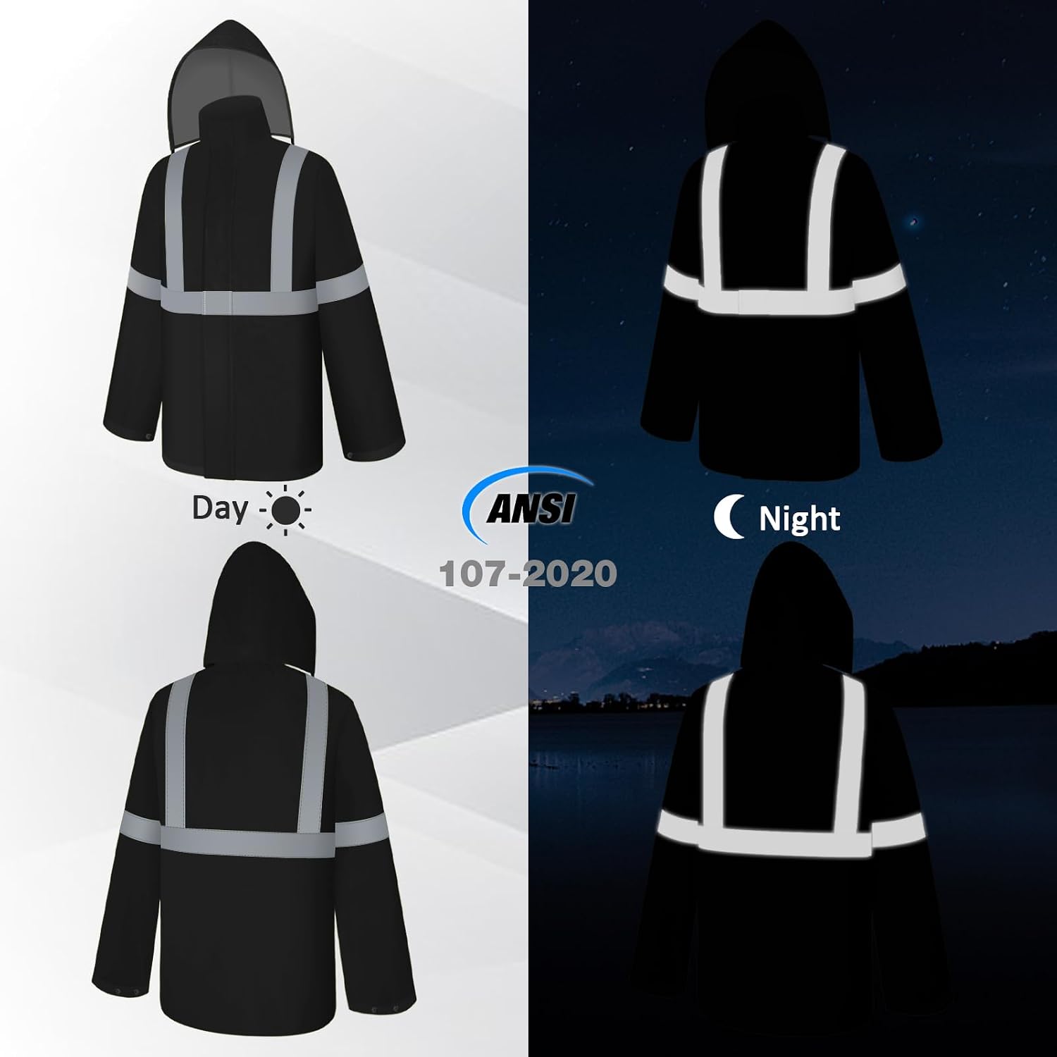 Rain Jacket, High Visibility Rain Coat and Pants, Waterproof Raincoat with Hood, Lightweight Rain Suit for Outdoor Activities, Rain Ponchos for Adults Reusable, Men Women, Black B, L-XL