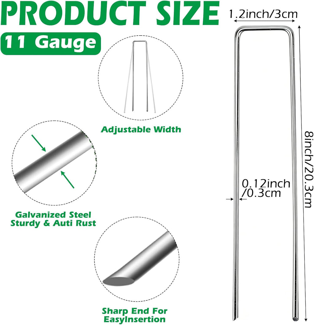 100 Pack Landscape Staples, 8" 11 Gauge Galvanized Steel Garden Stakes,Landscape Pins Turf Staples for Securing Weed Barrier Artificial Grass