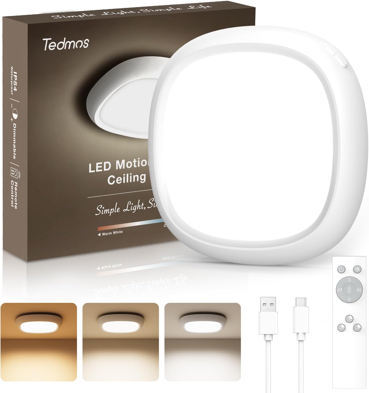IP54 Waterproof Shower Light, Rechargeable Ceiling Light with Remote