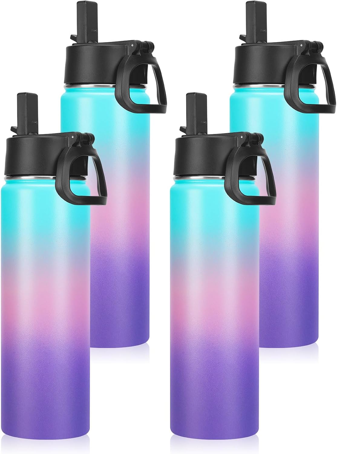 Neihepal 22 oz Insulated Water Bottles Bulk, Double Walled Vacuum Stainless Steel Water Bottle Multipack with Leak Proof Straw Lid for Men, Adults, Kids, Gym, Sports (Gradient Color,4 Pack)