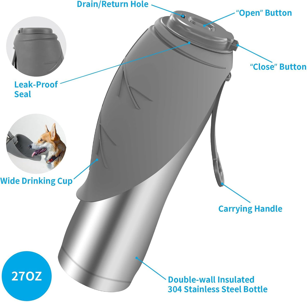 URPOWER Insulated Dog Water Bottle, 27 oz Leakproof Travel Bottle