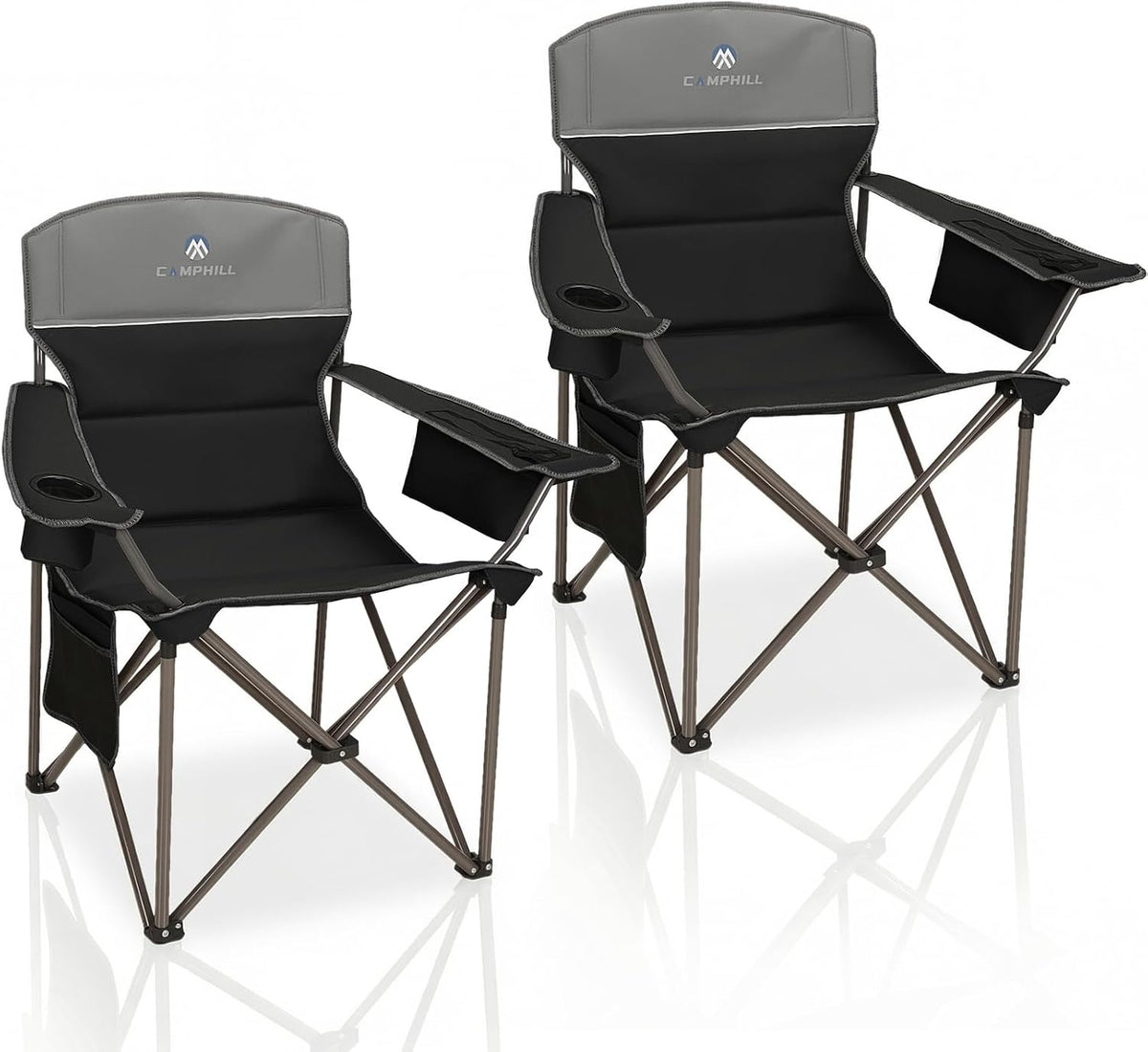 Oversized Camping Chairs 2 Pack - Heavy Duty 400LBS Padded Lawn Chair with Cooler Bag,Cup Holder,Side Pocket,Collapsible for Outdoor,Camp,Fishing & Garden,Black