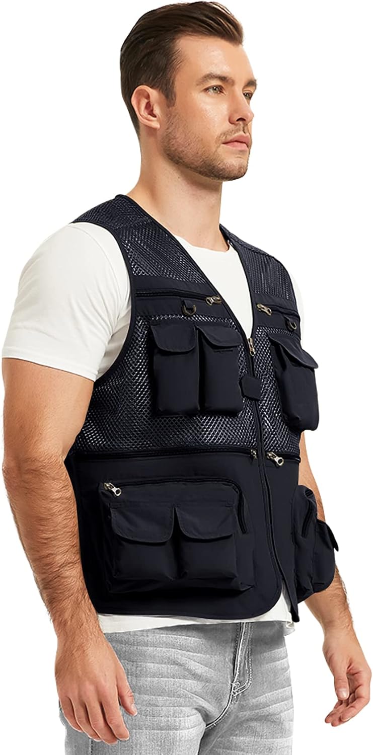 Flygo Men's Fishing Vest Utility Lightweight Outdoor Travel Safari Photo Cargo Vest with 16 Pockets
