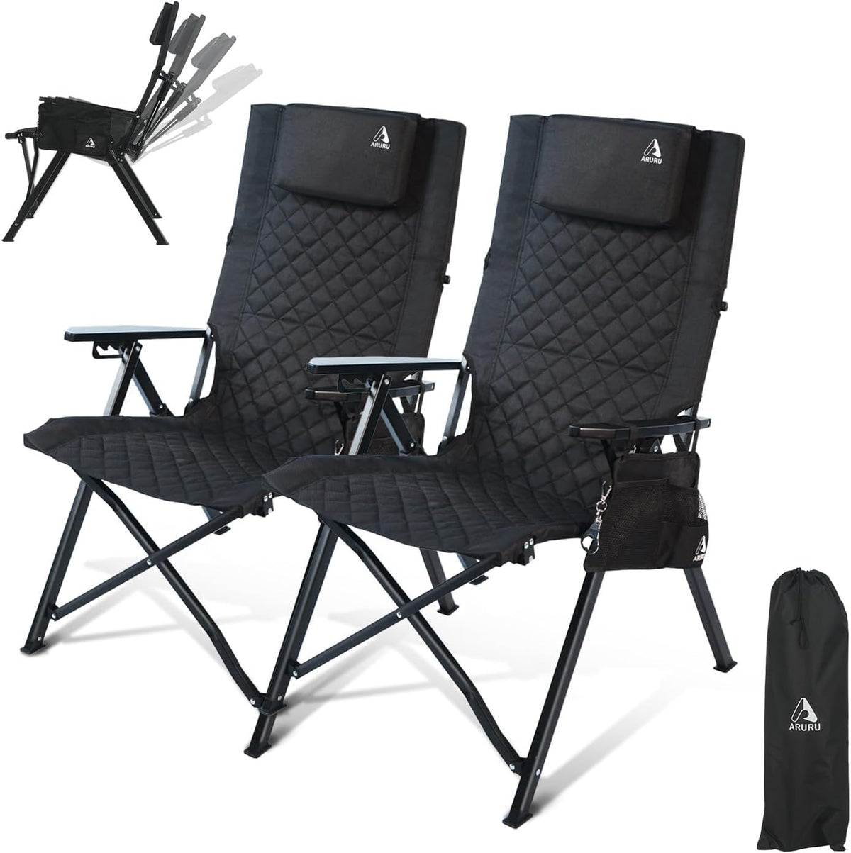 Reclining Camping Chair, Heavy Duty Folding Chairs with 4-Stage Adjustable High Back for Adults, Compact Foldable Outdoor Patio Reclining Chair with Storage Bag (Black, 2 Pack)