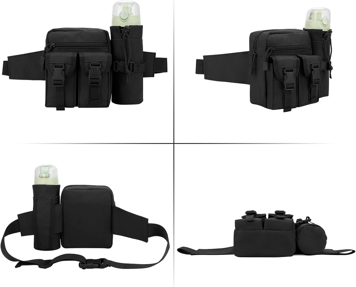 DOB SECHS Hiking Waist Bag with Detachable Water Bottle Holder and Adjustable Waist Belt Oxford Fanny Pack for Men Women Causal Belt Bag for Travel Outdoor Fishing Running Hiking Hunting,Black