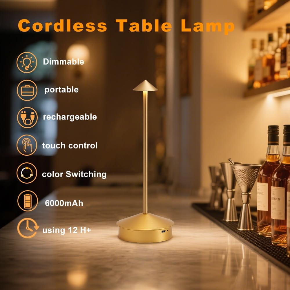 2 Pack Aluminum Cordless Table Lamp, 6000mAh Rechargeable Table Lamps, Portable Touch LED Lamp, Outdoor Waterproof Dimmable Cordless Rechargeable Table Lamps for Restaurant/Patio-(Gold)