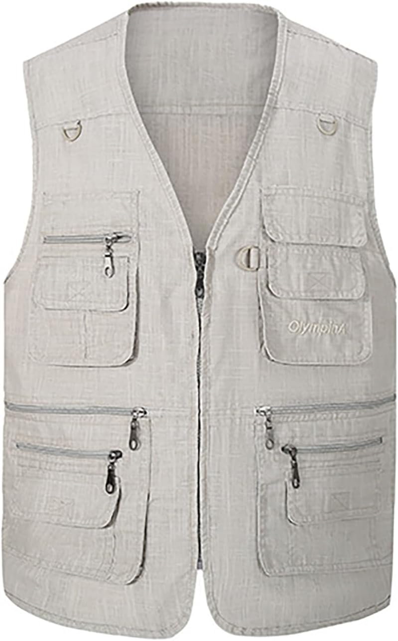 Hbufnha Men's Casual Safari Travel Vest 16 Pockets Outdoor Work Vest Sleeveless Jacket Fishing Hiking Photograph