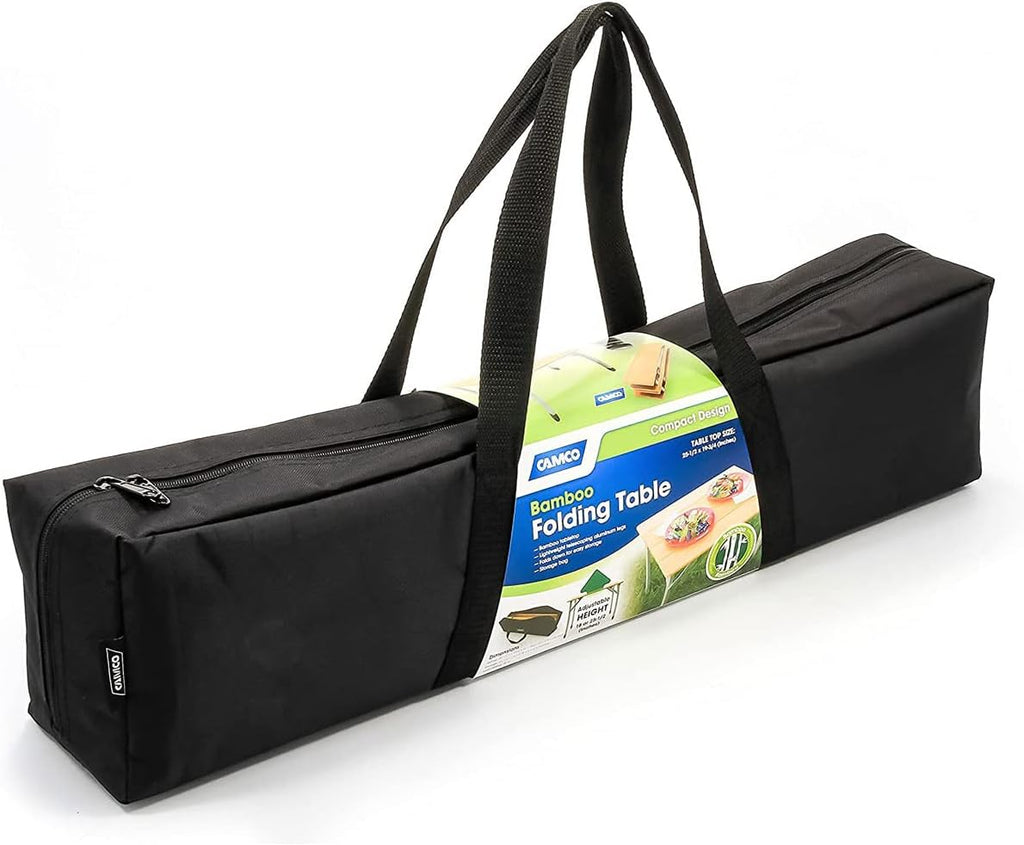Camco Bamboo Folding Camping Table with Aluminum Legs - Natural Bamboo Top Measures 25 ½ x 19 ¾-inches & Supports Up to 85lbs - Lightweight for Added Portability & Includes Storage Bag (51895)