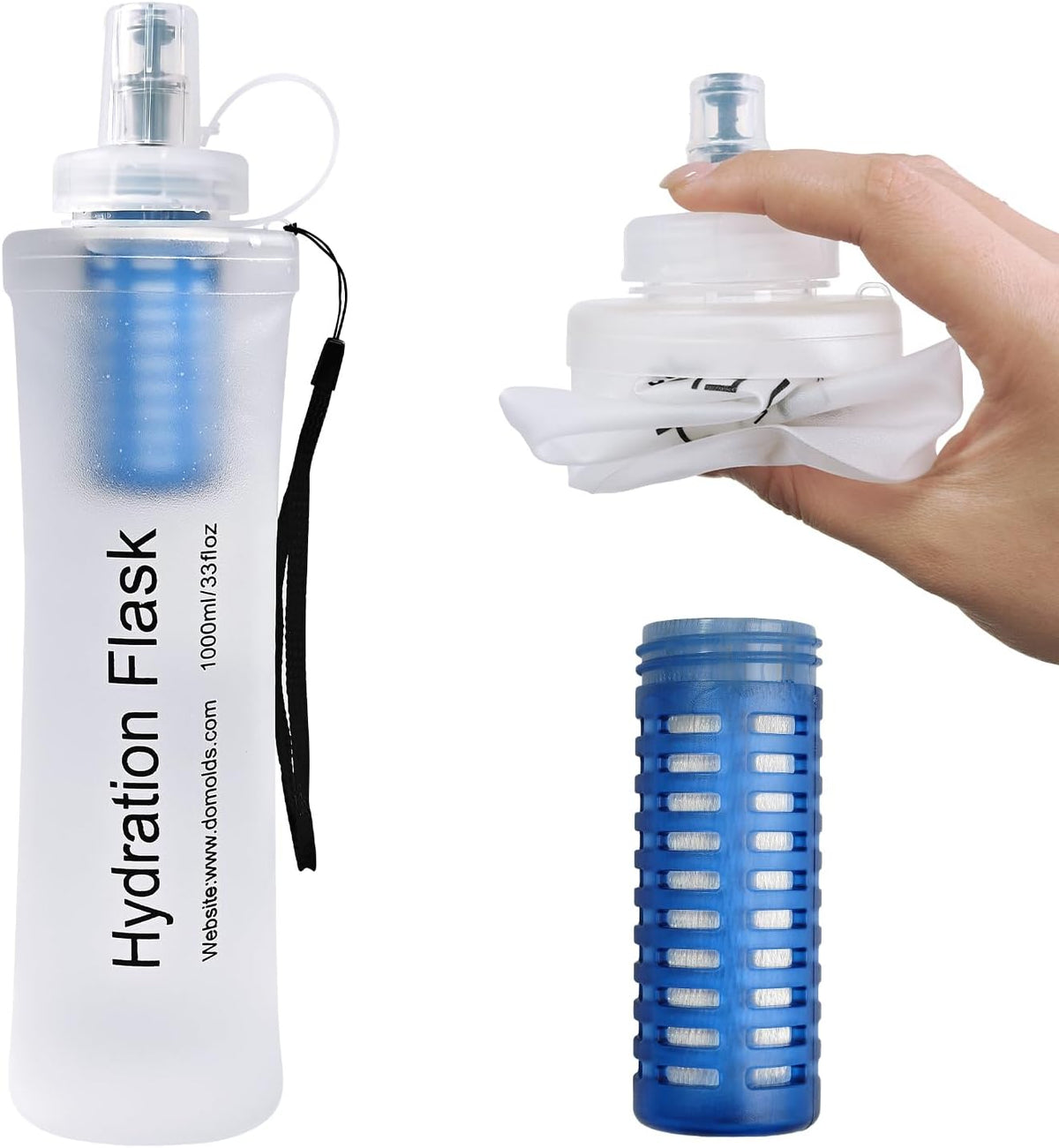 1L Collapsible Water Bottle with Filter for Hiking Backpacking(White)