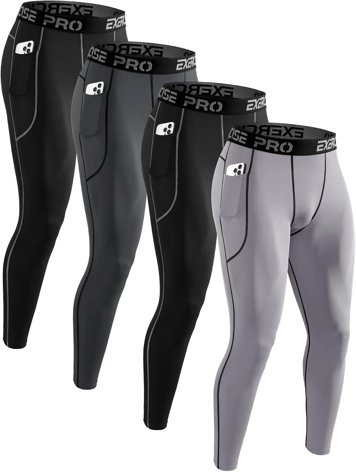 4 Pack Men’s Compression Pants Running Tights Workout Leggings for Men Athletic Base Layer Bottoms with Pockets
