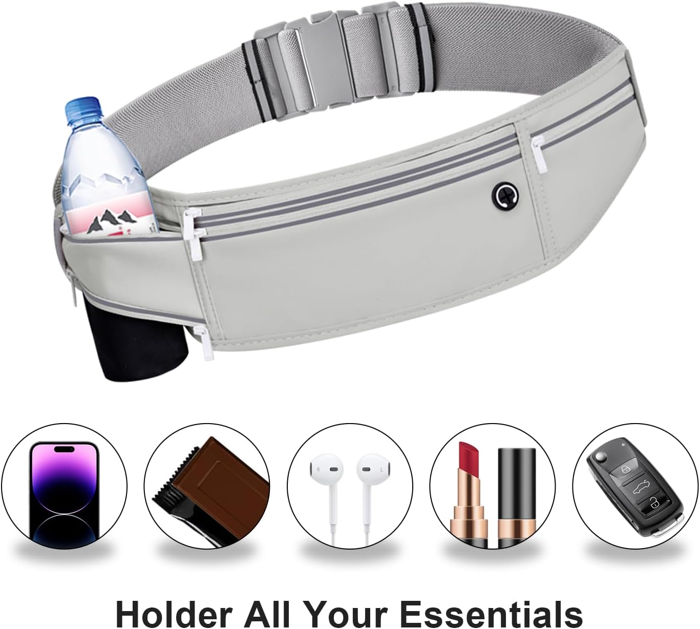 Slim Running Belt for Women Men,Runners Fanny Pack Phone Holder,Money Belt,Running Gear Accessories,with 3 Pockets (Gray)