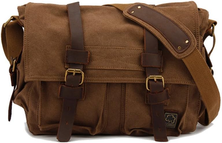 Sechunk Vintage Military Leather Canvas Laptop Bag Messenger Bags Medium