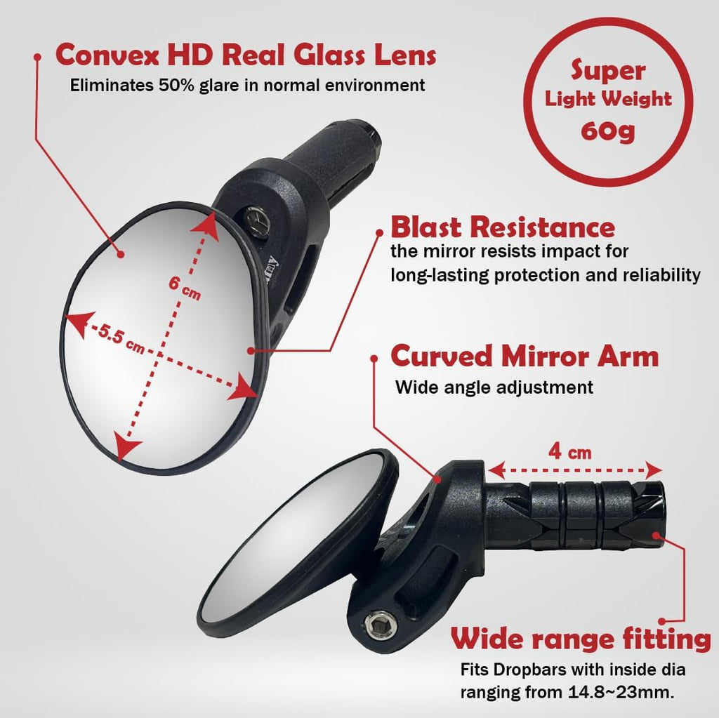 Hafny Drop Bar Bike Mirror, HD Automotive Grade Glass, Shatter-Proof, Super Convex Lens, Bar End Mirror, Cycling Mirror, HF-M956-FR06 (Silver Glass)