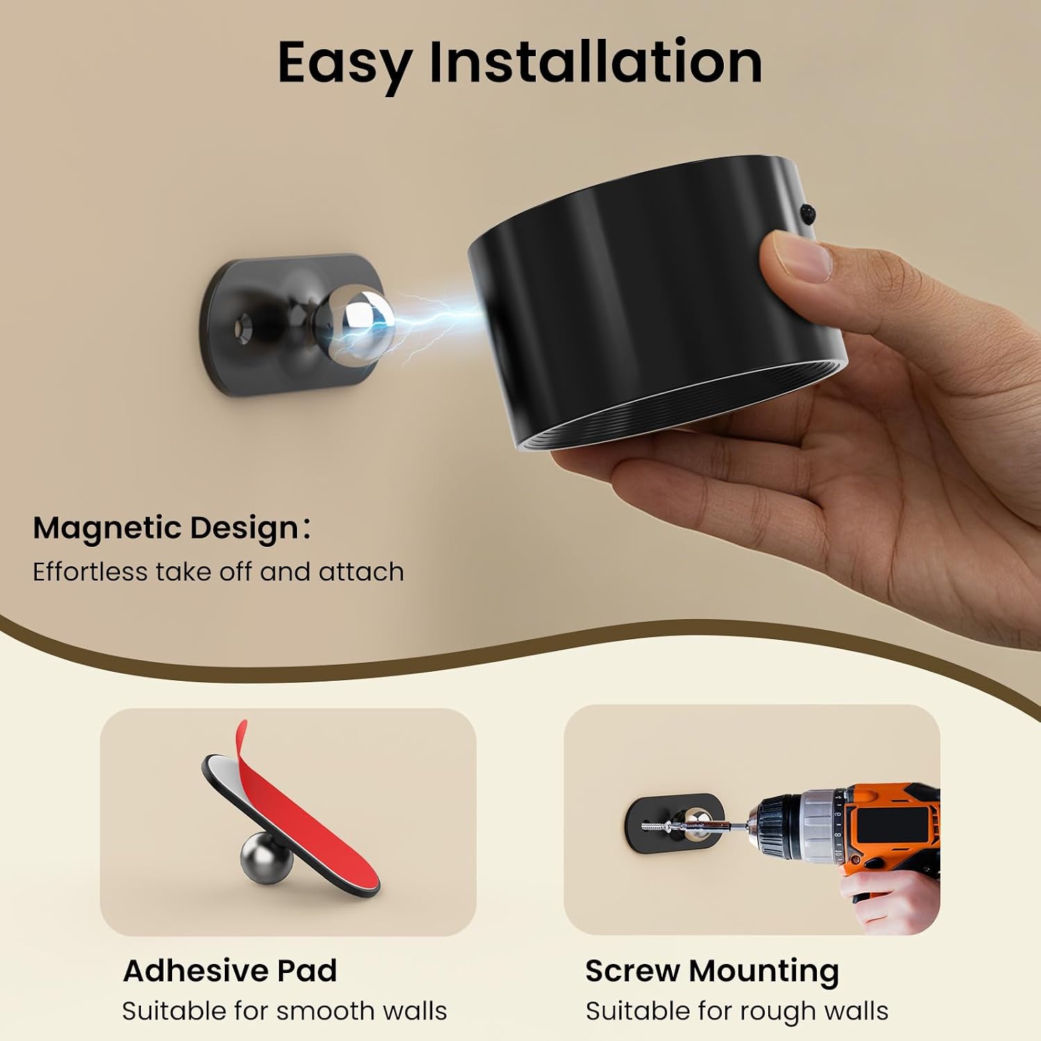 Koopala 2PCS Rechargeable Battery Operated LED Wall Lamps, Wall Mounted Lights with 3 Brightness 3 Color Temp Removable Charging 360°Rotate Magnetic, Cordless Wall Sconces for Reading Bedside-Black