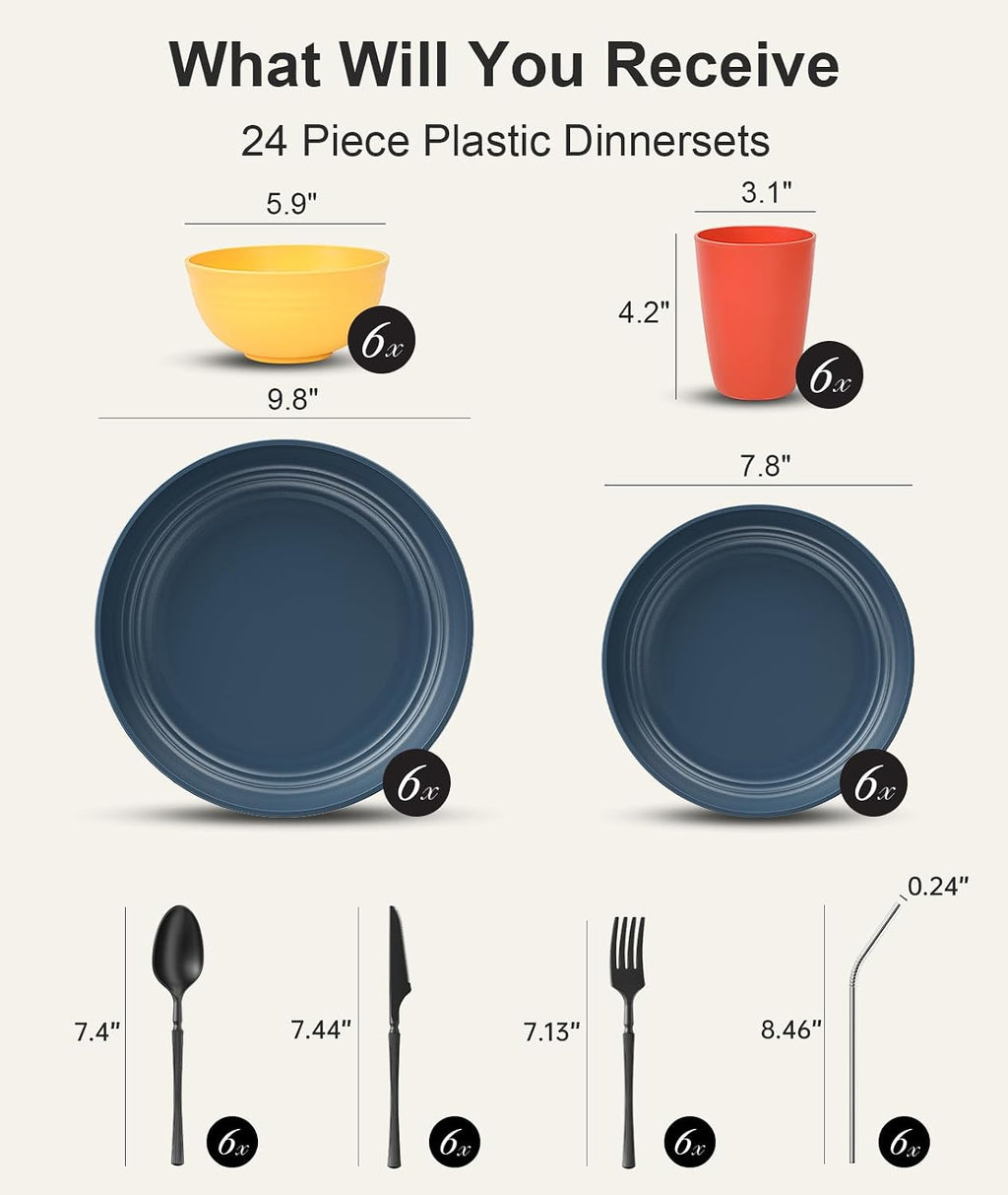 Quatish 48 Piece Plates and Bowls Sets for 6, Unbreakable Dinnerware Sets, Plastic Dish Set for Camping, Dishwasher Microwave Safe, Outdoor Kitchen and Apartment Dinning RV Essentials, MC