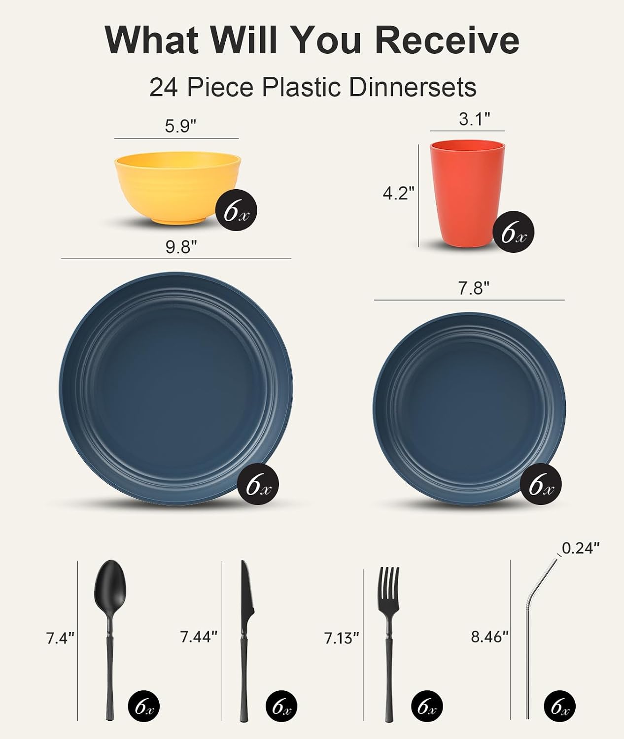 Quatish 48 Piece Plates and Bowls Sets for 6, Unbreakable Dinnerware Sets, Plastic Dish Set for Camping, Dishwasher Microwave Safe, Outdoor Kitchen and Apartment Dinning RV Essentials, MC