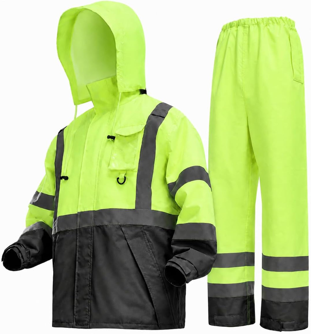 Safety Rain Jacket for Men Waterproof，Class 3 Hi Vis Rain Gear with Collapsible Hood， Breathable Rain Suits with Inner Mesh Lining and pocket，Reflective Waterproof Pants S/M