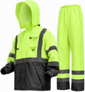 Safety Rain Jacket for Men Waterproof，Class 3 Hi Vis Rain Gear with Collapsible Hood， Breathable Rain Suits with Inner Mesh Lining and pocket，Reflective Waterproof Pants S/M