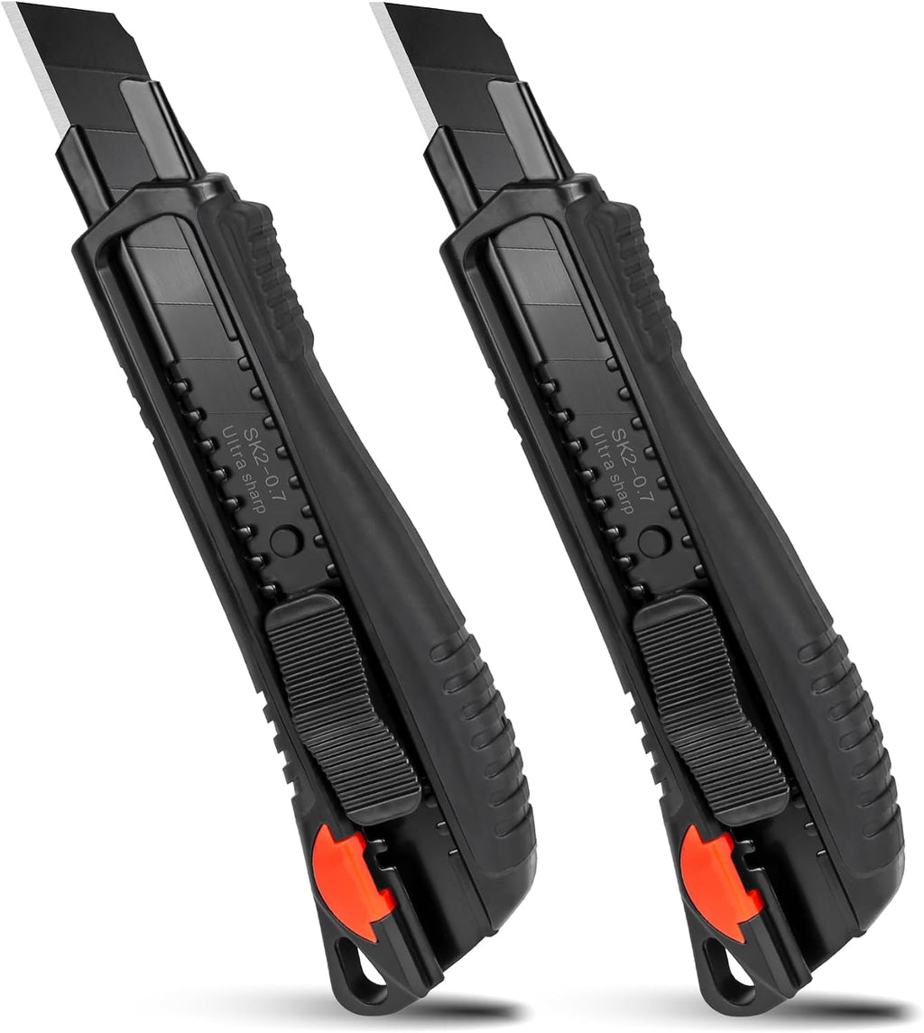 HAUTMEC 18mm Soft Grip Auto-Lock Utility Knife With Red Safety Switch, Sturdy Cutter with Ultra Sharp Black Snap-off Blade HT0081-2PC