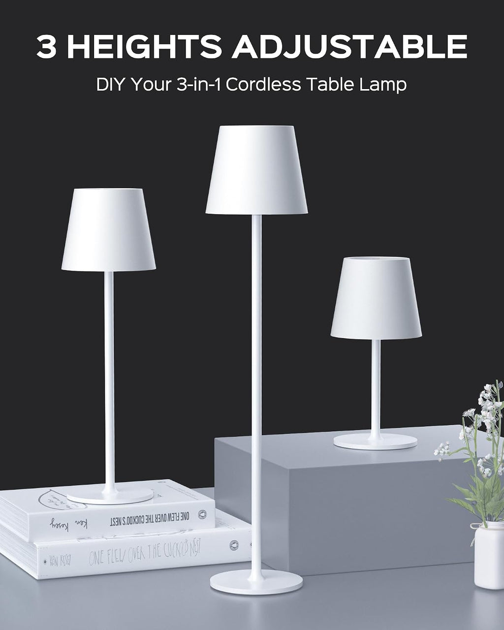 JACKYLED Cordless Table Lamps Rechargeable, 3 Height, 5000 Capacity