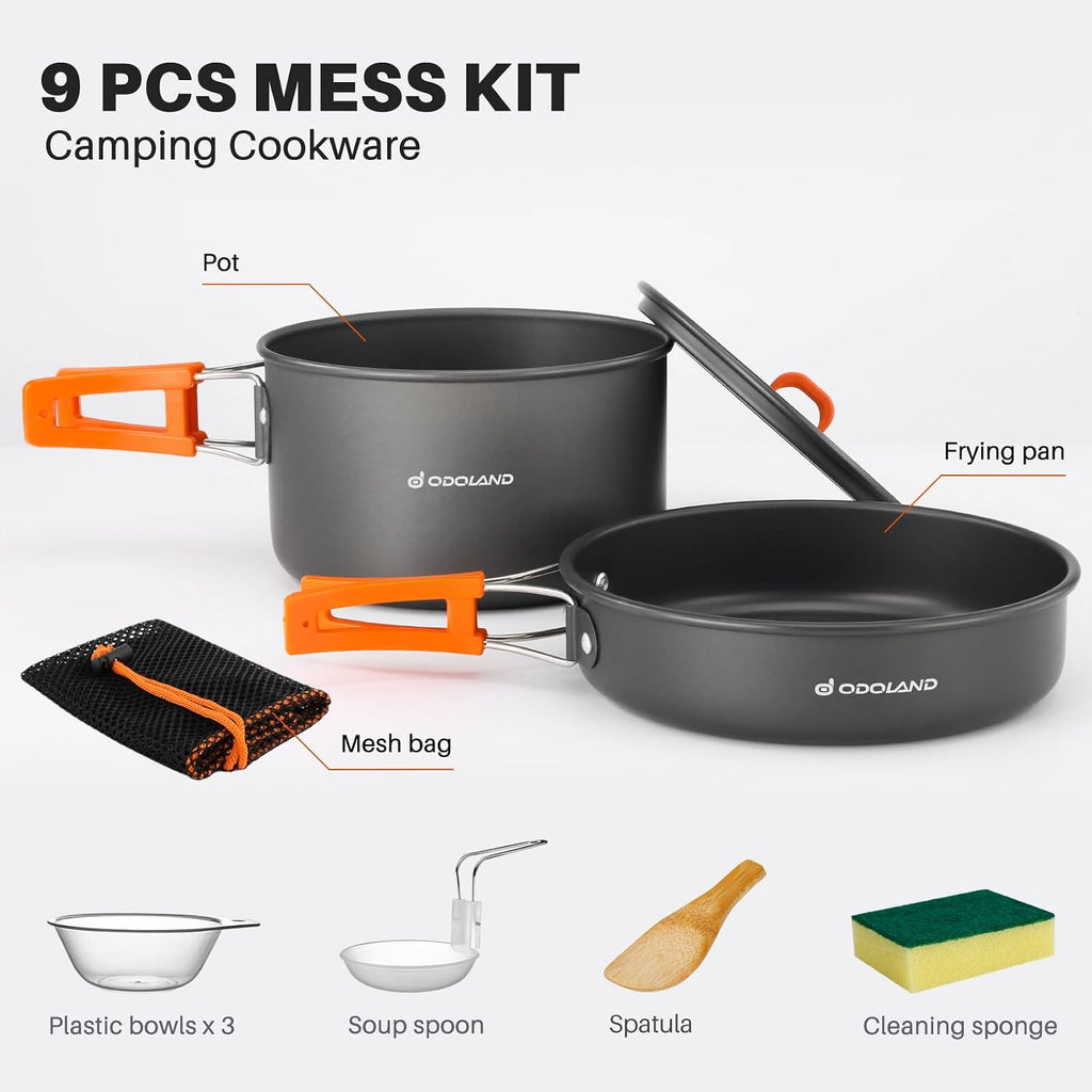 Odoland 9pcs Camping Cookware Non-Stick Lightweight Pots and Pans Set with Plastic Bowls Soup Spoon for Backpacking, Outdoor Cooking and Picnic