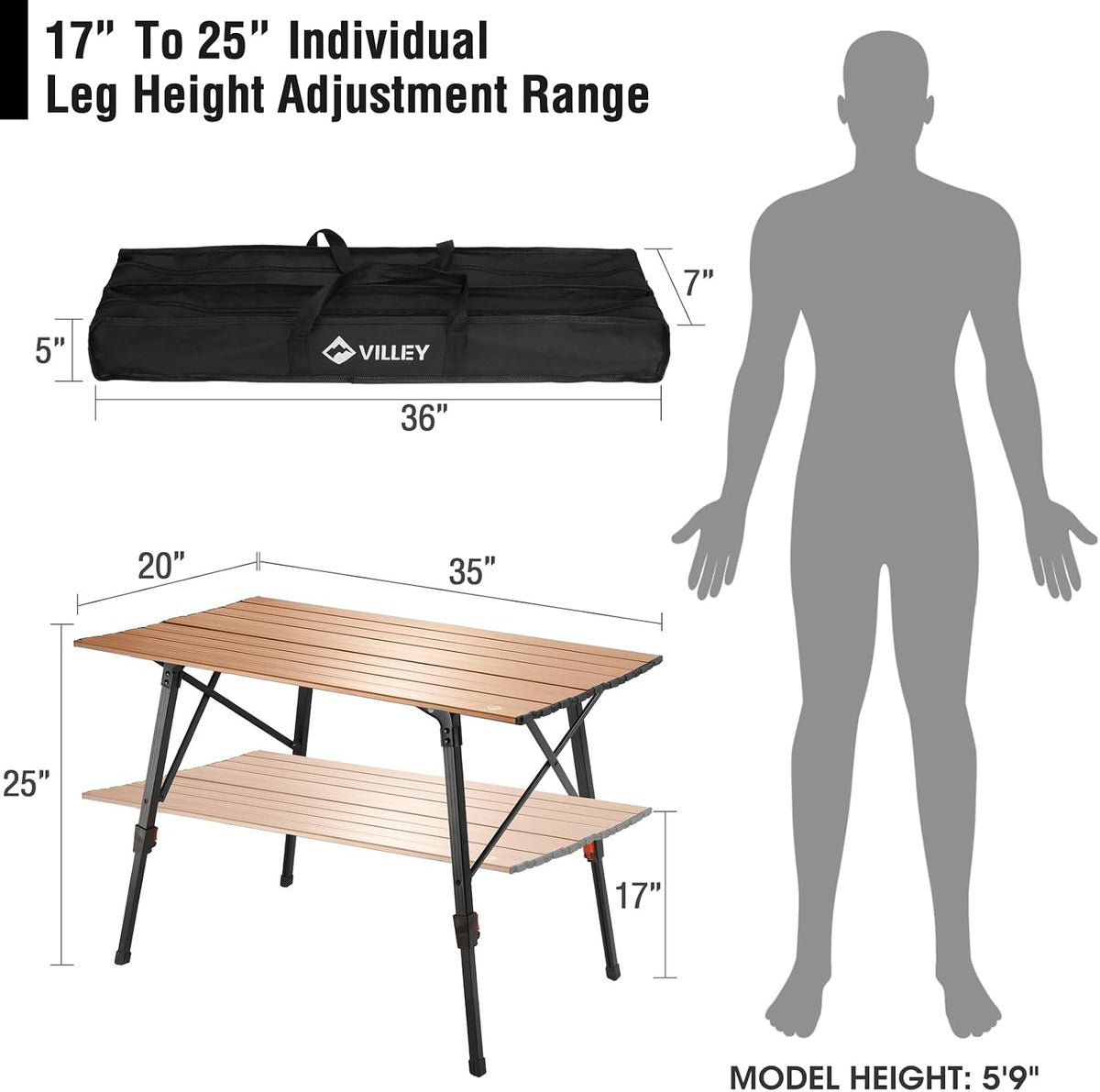 VILLEY Portable Camping Table with Adjustable Legs, Aluminum Folding Table