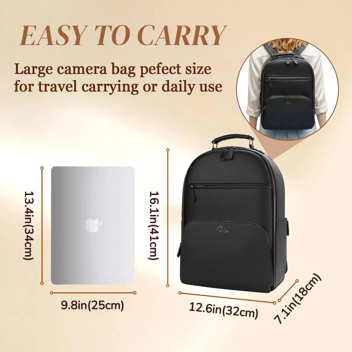 Camera Backpack Classic PU Leather for DSLR, Professional Camera Bag for Photographers with 15 Inch Laptop Compartment Large 20L