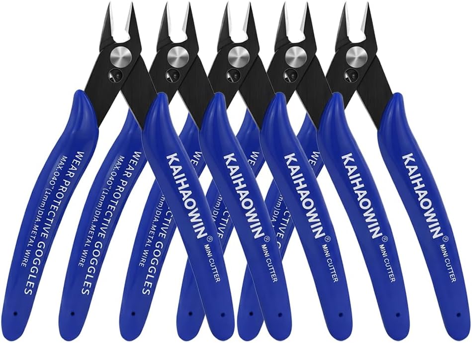 KAIHAOWIN Micro Wire Cutters with Spring, 5 Pack, 5 inch Precision Mini Flush Cutters Bulk, Nippers, Flush Cutting Pliers, Wire Snips, Small Side Cutters for Electronics Crafts Jewelry-Blue