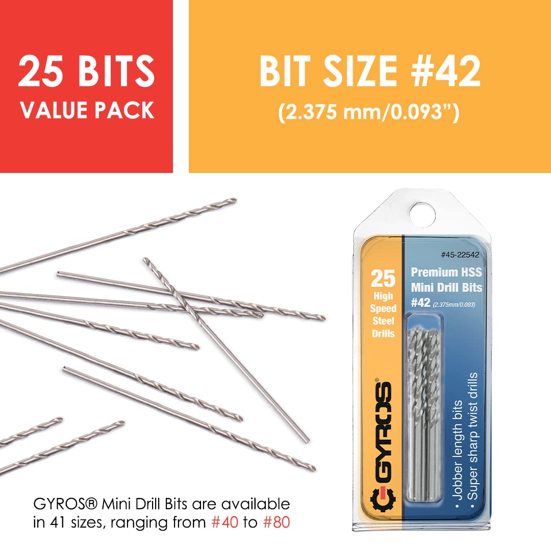 GYROS 25 PCS #42 Micro Drill Bit Set – Small Drill Bits for Jewelry, Plastic, Resin, & Soft Metal – High-Speed Steel Wire Gauge Mini Twist Drill Bit Set for Pin Vise Hand Drill & Rotary Tool