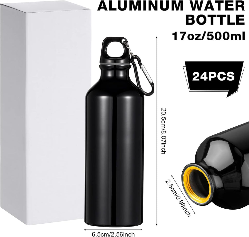 24 Pcs Aluminum Water Bottle 17oz Aluminum Reusable Bottles with Clips Sports Lightweight Water Multipack Easy Carry Leakproof Travel for Gym Hiking Cycling Sports Outdoor(Black)