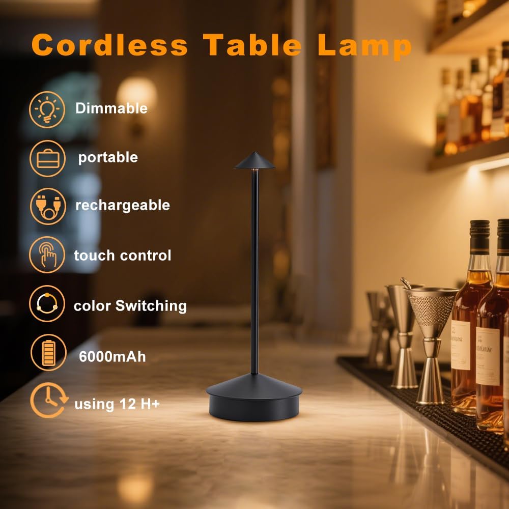 2 Pack Aluminum Cordless Table Lamp, 6000mAh Rechargeable Table Lamps, Portable Touch LED Lamp, Outdoor Waterproof Dimmable Cordless Rechargeable Table Lamps for Restaurant/Patio- Black (Black)