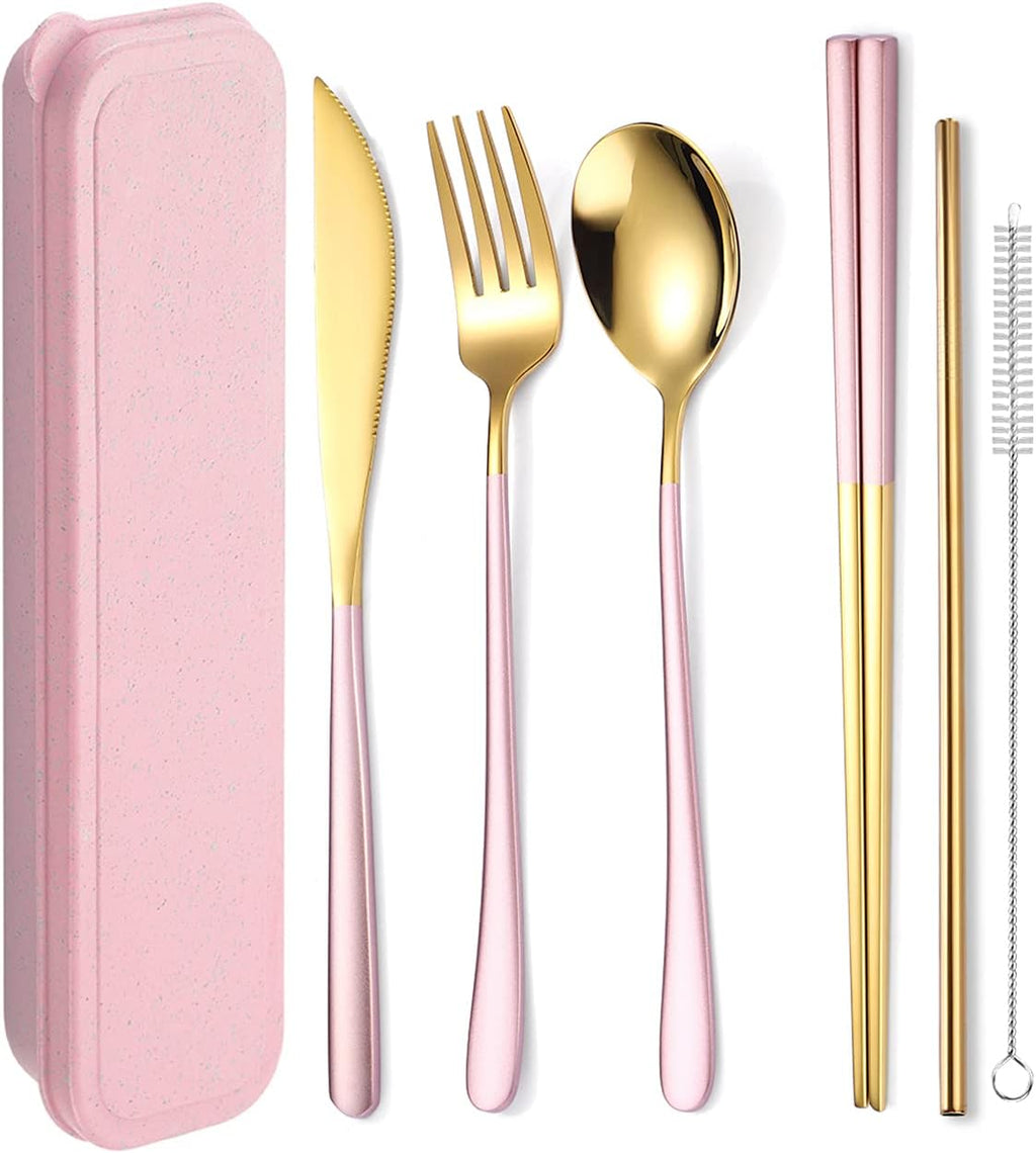 AARAINBOW 6 Pieces 18/8 Stainless Steel Flatware Set Portable Reusable Cutlery Set Travel Utensils Set Including Chopsticks Knife Fork Spoon Straws Cleaning Brush Dishwasher Safe (Black)